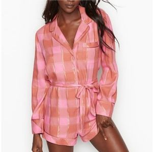 Victoria's Secret Pink Gold Plaid Button Up Sleep Romper Womens Size Small S